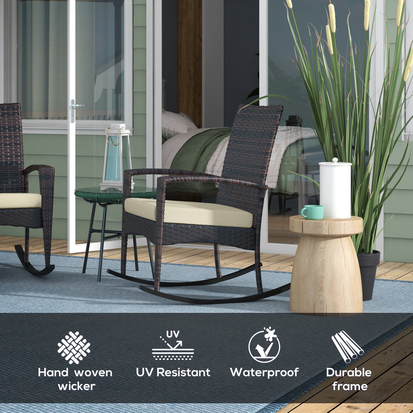 Ralave Set Of 2 Brown Rattan Garden Rocking Chairs With Cushions