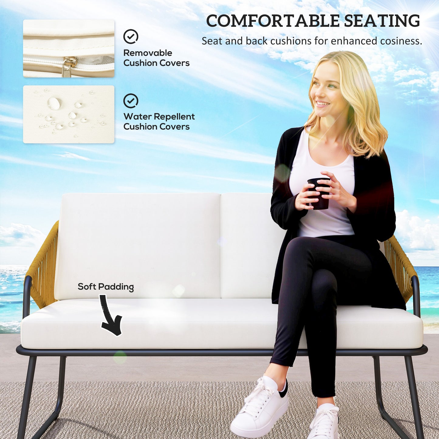 Lupano Natural Rattan Rope White Cushions 4 Seater Outdoor Sofa Set with Square Table