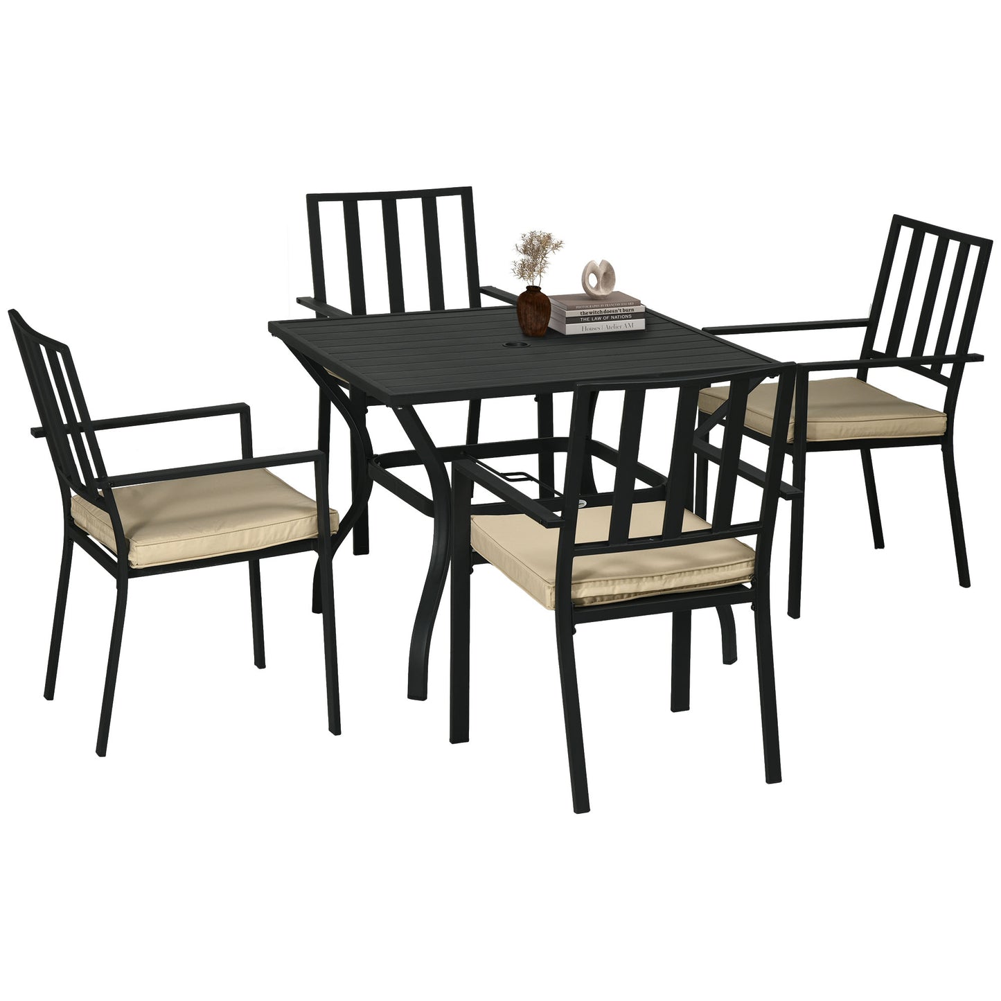 Nonilu Metal Black and Cream 4 Seater Garden Dining Set With Cushions Stackable Chairs and Parasol Hole