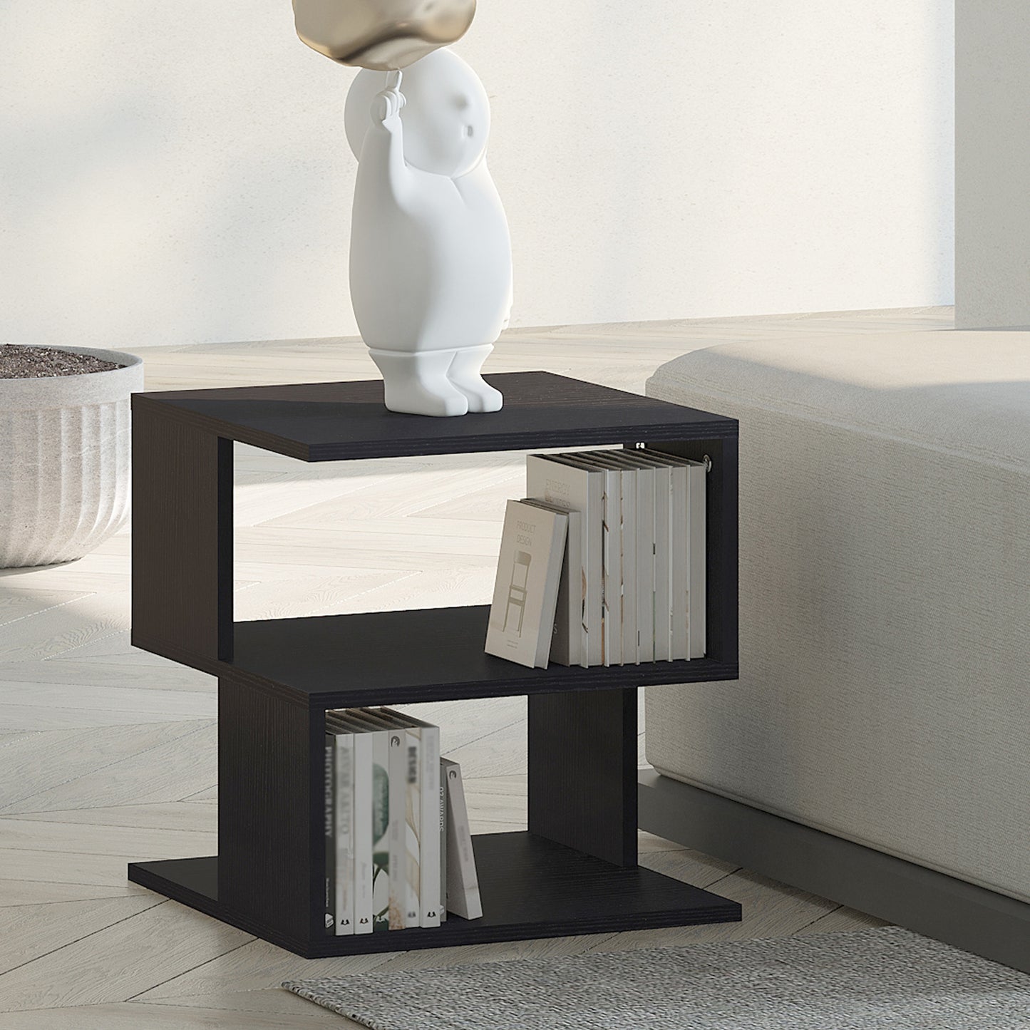 Moyofa Wooden Black Square Side Table With 2 Tier Storage