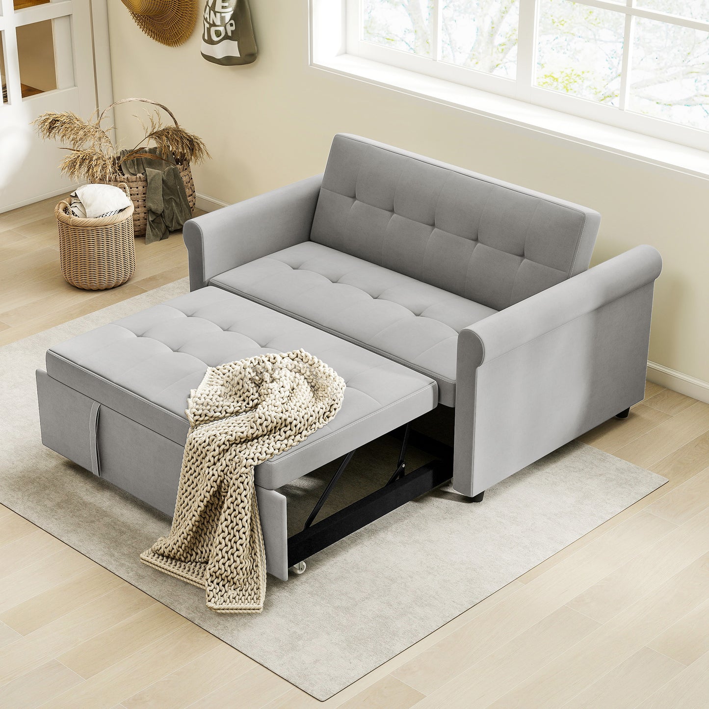 Rekano Velvet Grey 2 Seater Sofa Bed With Tufted Upholstery