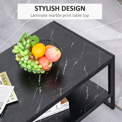 Minaba Metal And Wood Black 2 Tier Marble Effect Coffee Table With Bottom Shelf