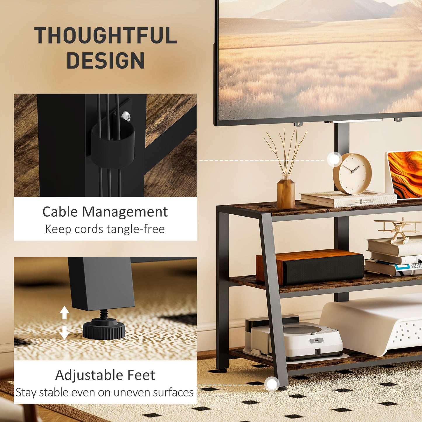 Avaden Dark Brown Industrial TV Stand With 35 Degree Swivel Mount