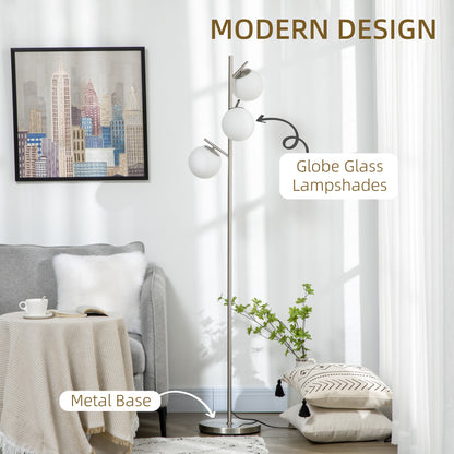 Moretta Metal Silver 3 Light Tree Floor Lamp With Globe Shades And Steel Base
