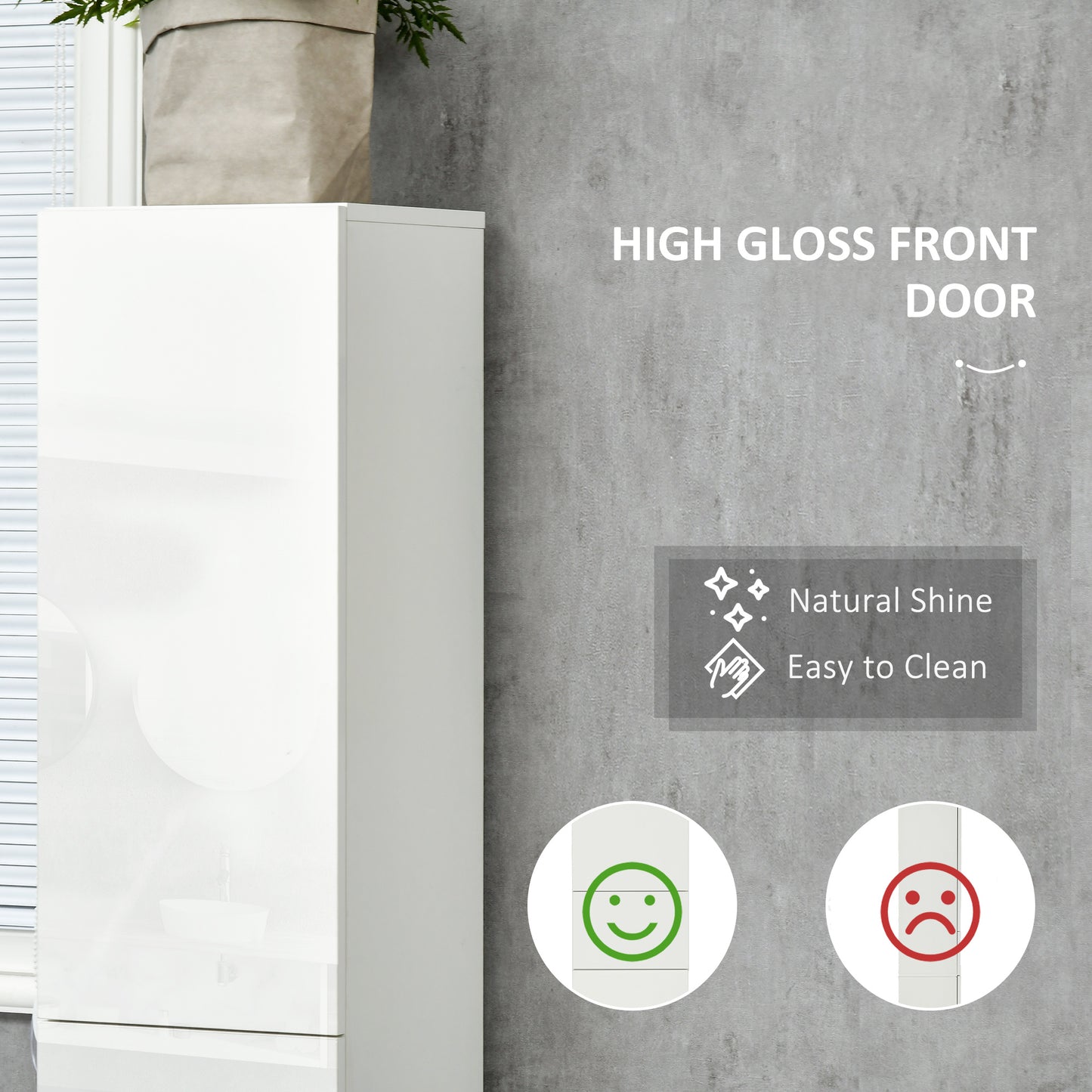 Elluno Maso High Gloss White Tall Bathroom Storage Cabinet With Push To OFauxn Door