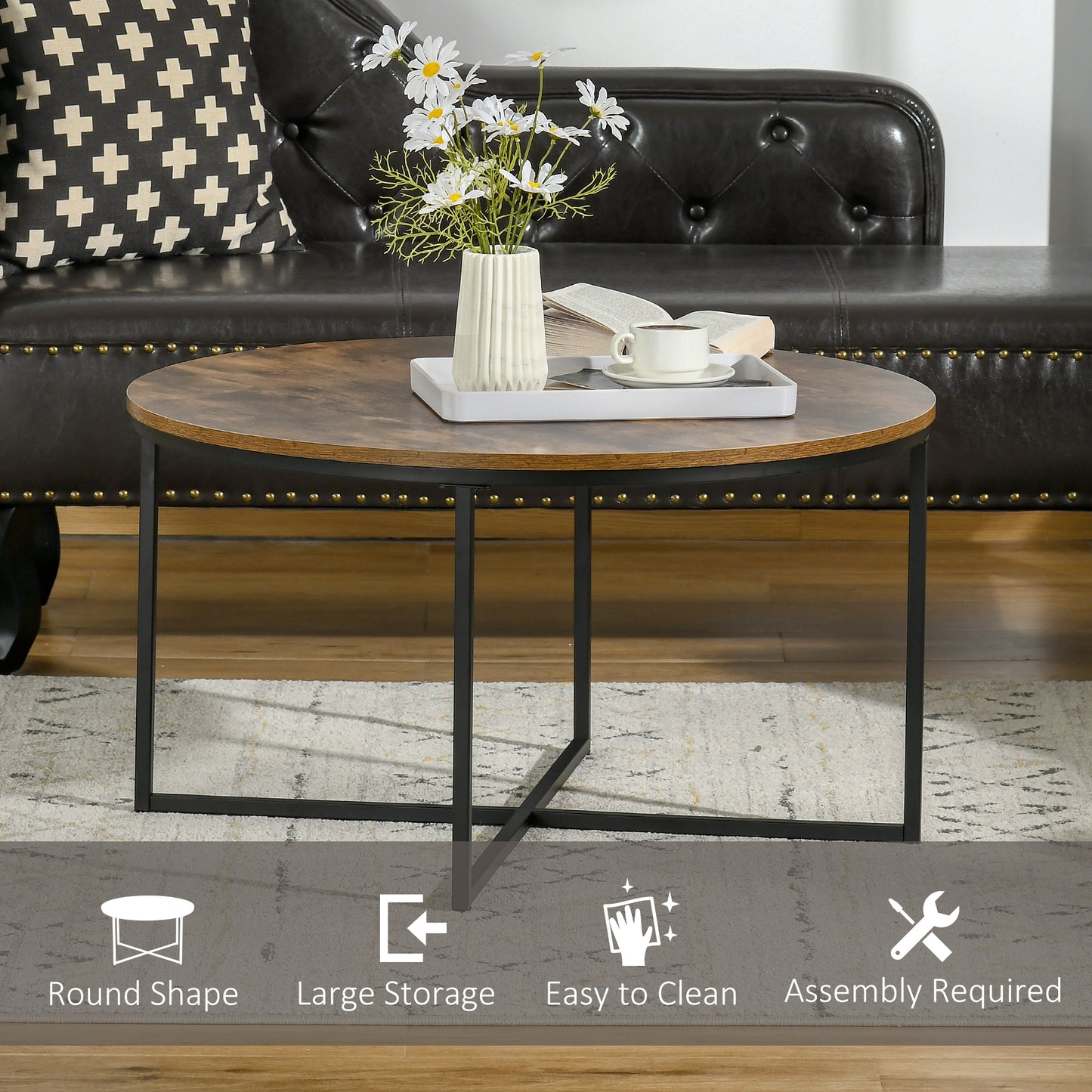 Nata Metal And Wood Rustic Brown Round Industrial Coffee Table