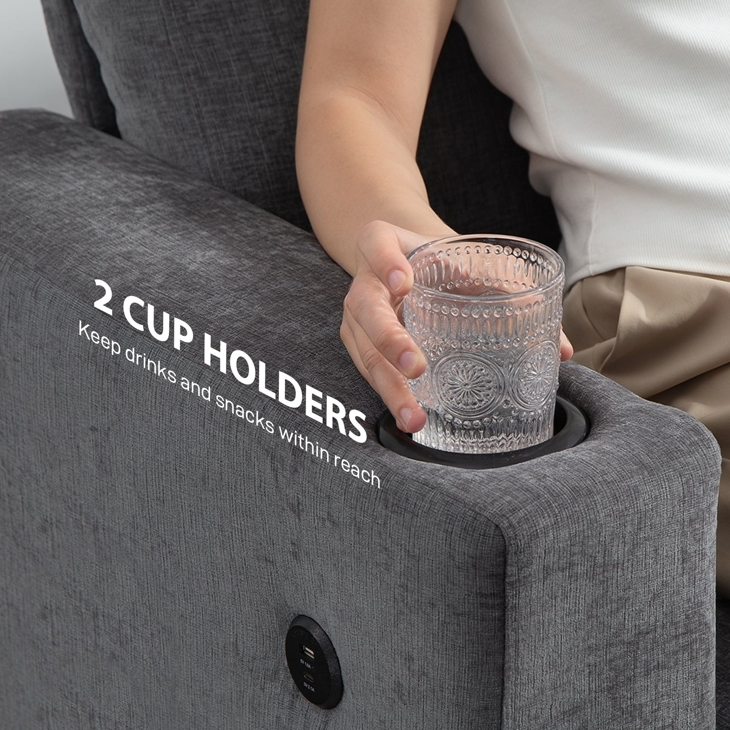 Sefa Grey 3 Seater Sofa With Integrated USB Ports And Cup Holders
