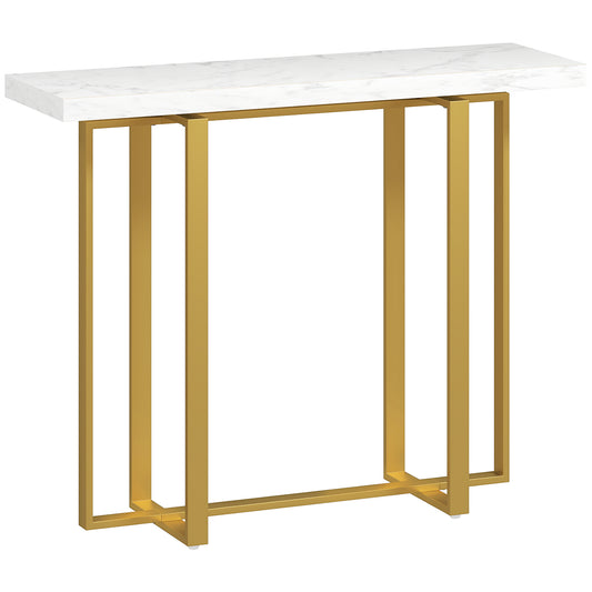 Larose Metal And Faux Marble White Narrow Console Table With Anti Tip Steel Frame 100 cm