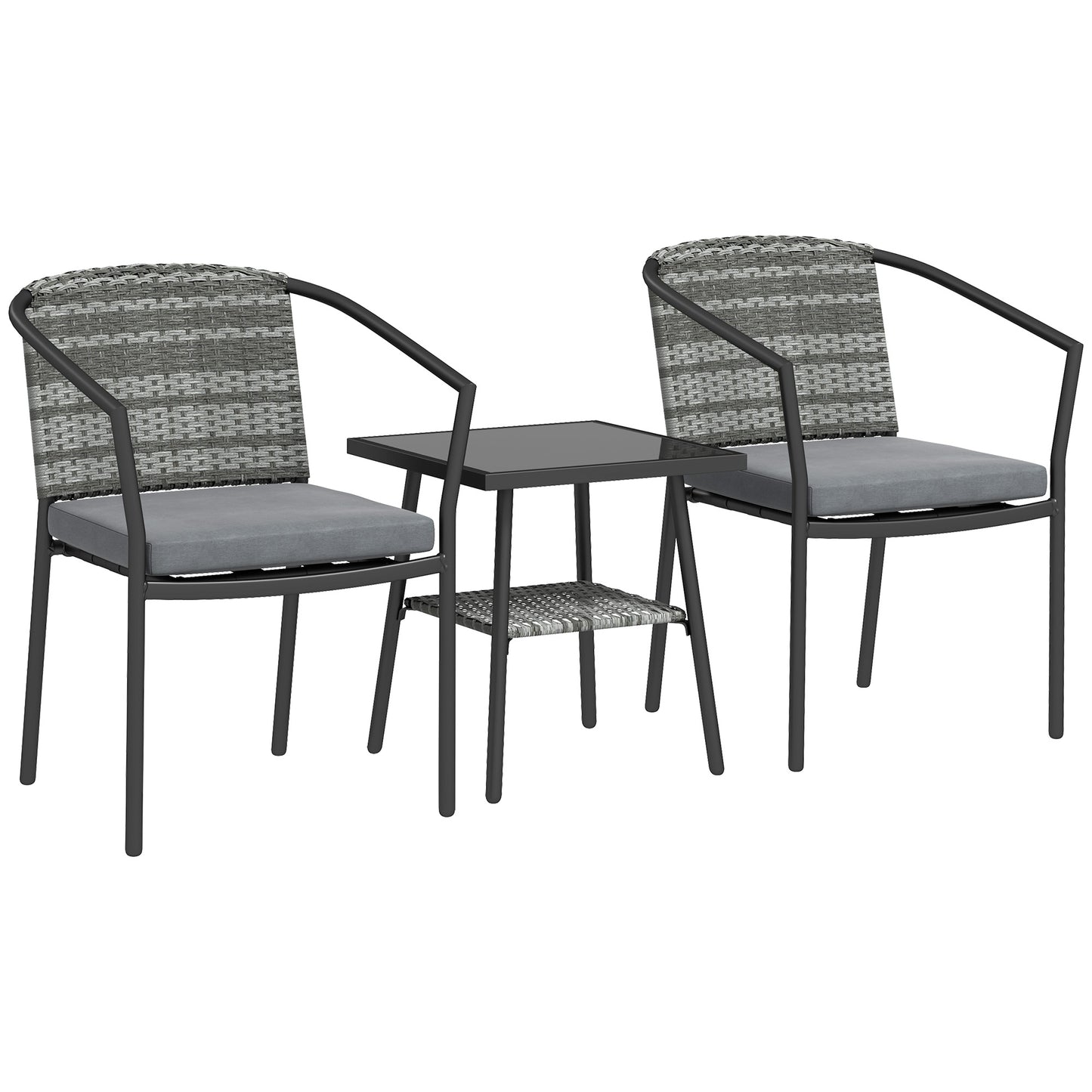 Midi Grey Rattan 3 Piece Bistro Set With Cushions And Glass Coffee Table
