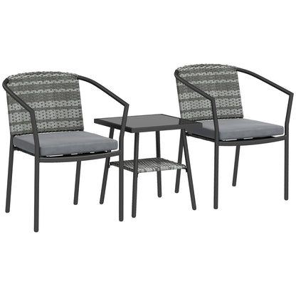 Midi Grey Rattan 3 Piece Bistro Set With Cushions And Glass Coffee Table