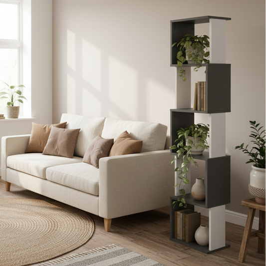 Lale Wood White And Dark Grey 5 Tier Freestanding Bookcase