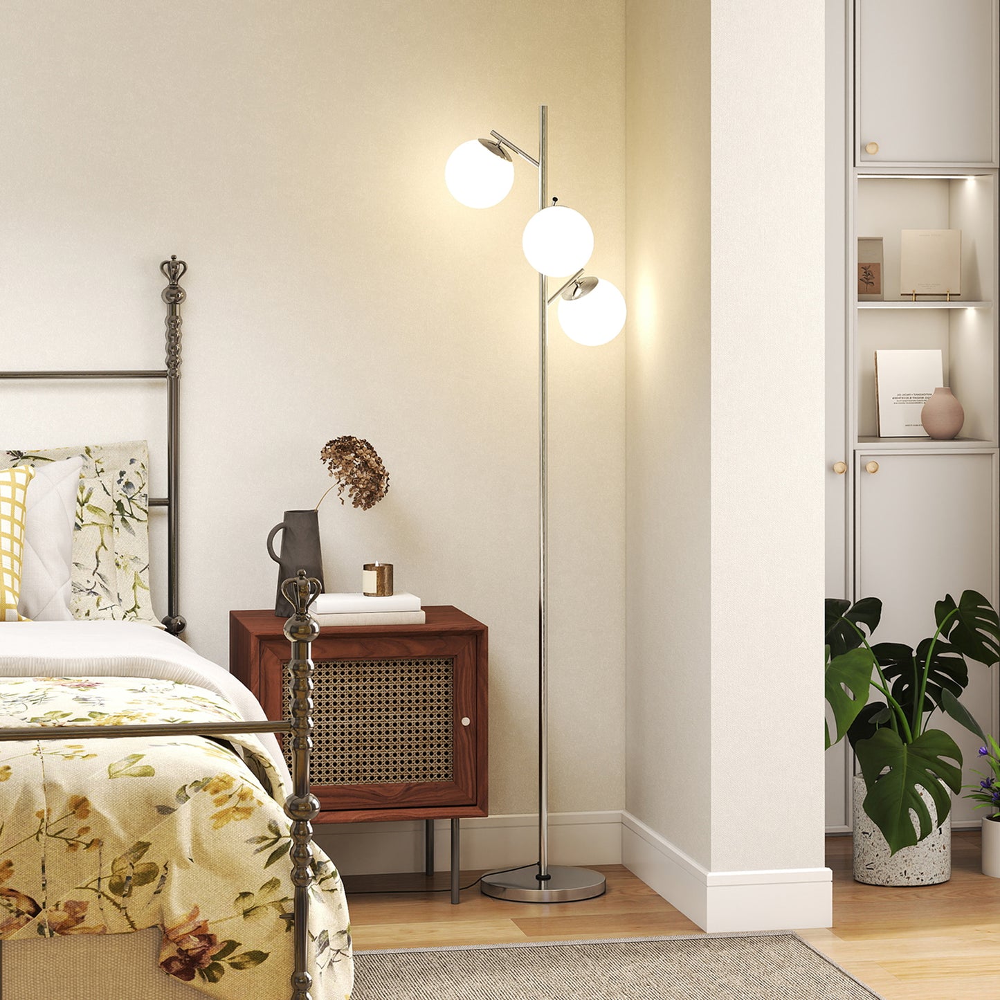 Kaniri Metal Silver 3 Light Tree Floor Lamp With Globe Shades Adjustable Colour Light