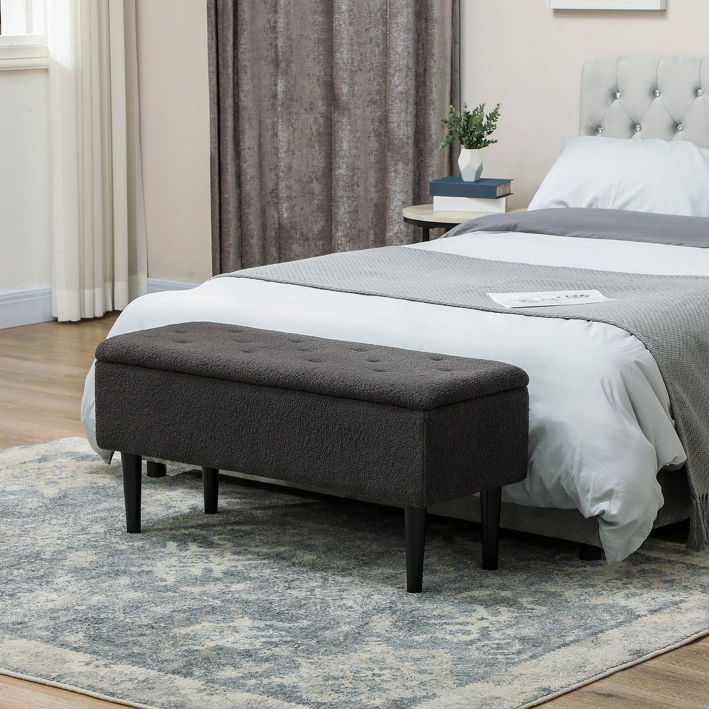 Nevano Boucle Dark Grey Storage Ottoman Teddy Fleece Diamond Tufted Lid