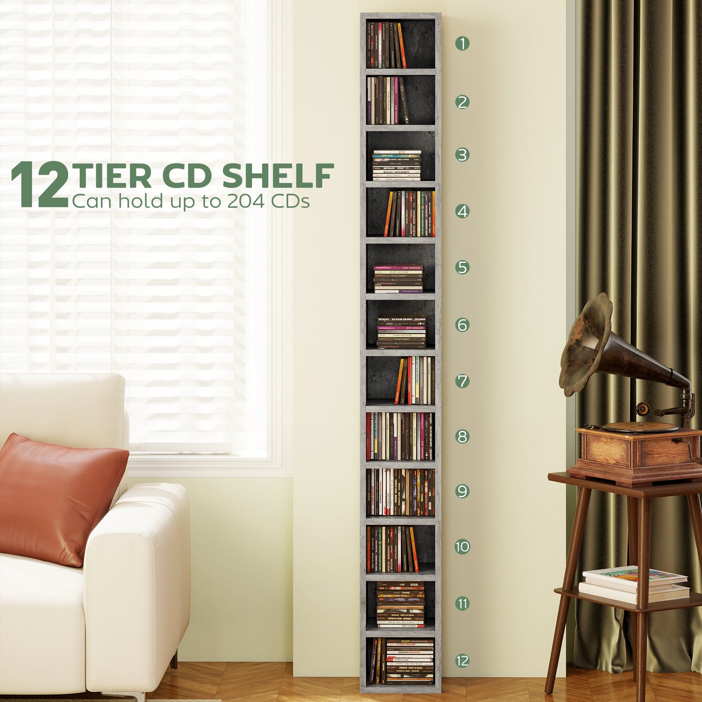 Loli Wooden Cement Grey Tall Narrow Media Storage Tower With 204 Disc Capacity