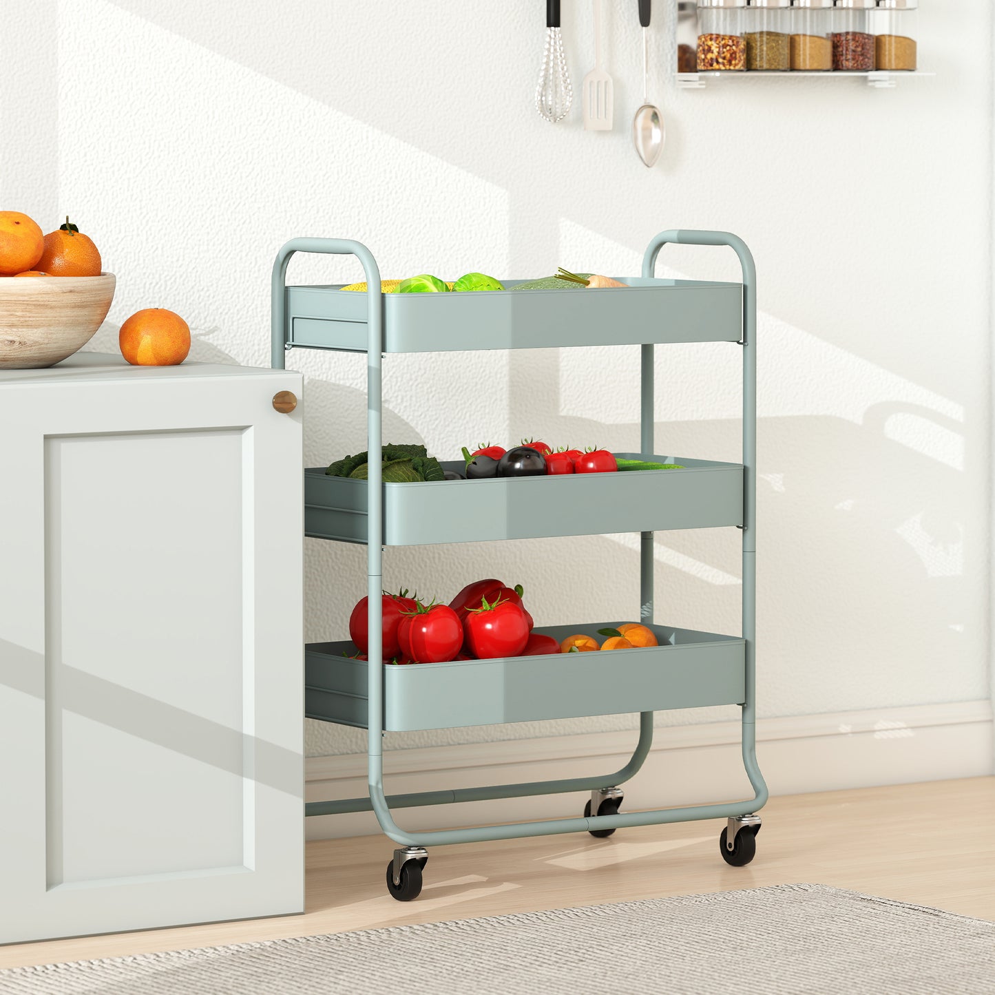 Nokeyo Metal Light Green 3 Tier Rolling Utility Trolley With Mesh Baskets