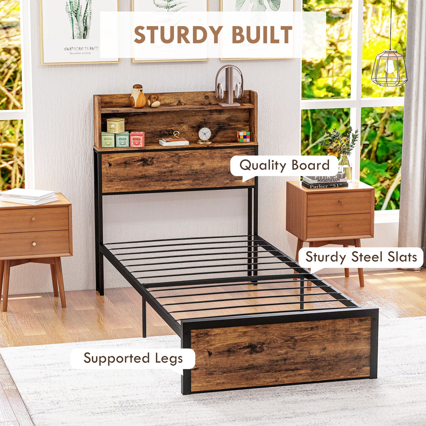 Sata 3FT1 Rustic Brown and Black Industrial Single Bed Frame with Shelves