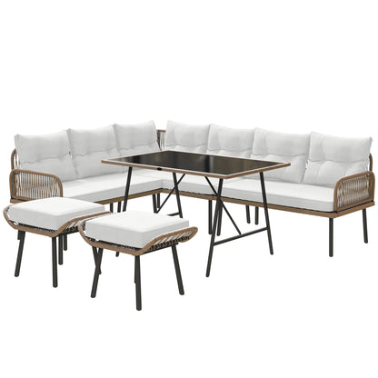 Sacoel Natural Rattan White 8 Seater Outdoor Corner Sofa Set With Glass Top Table