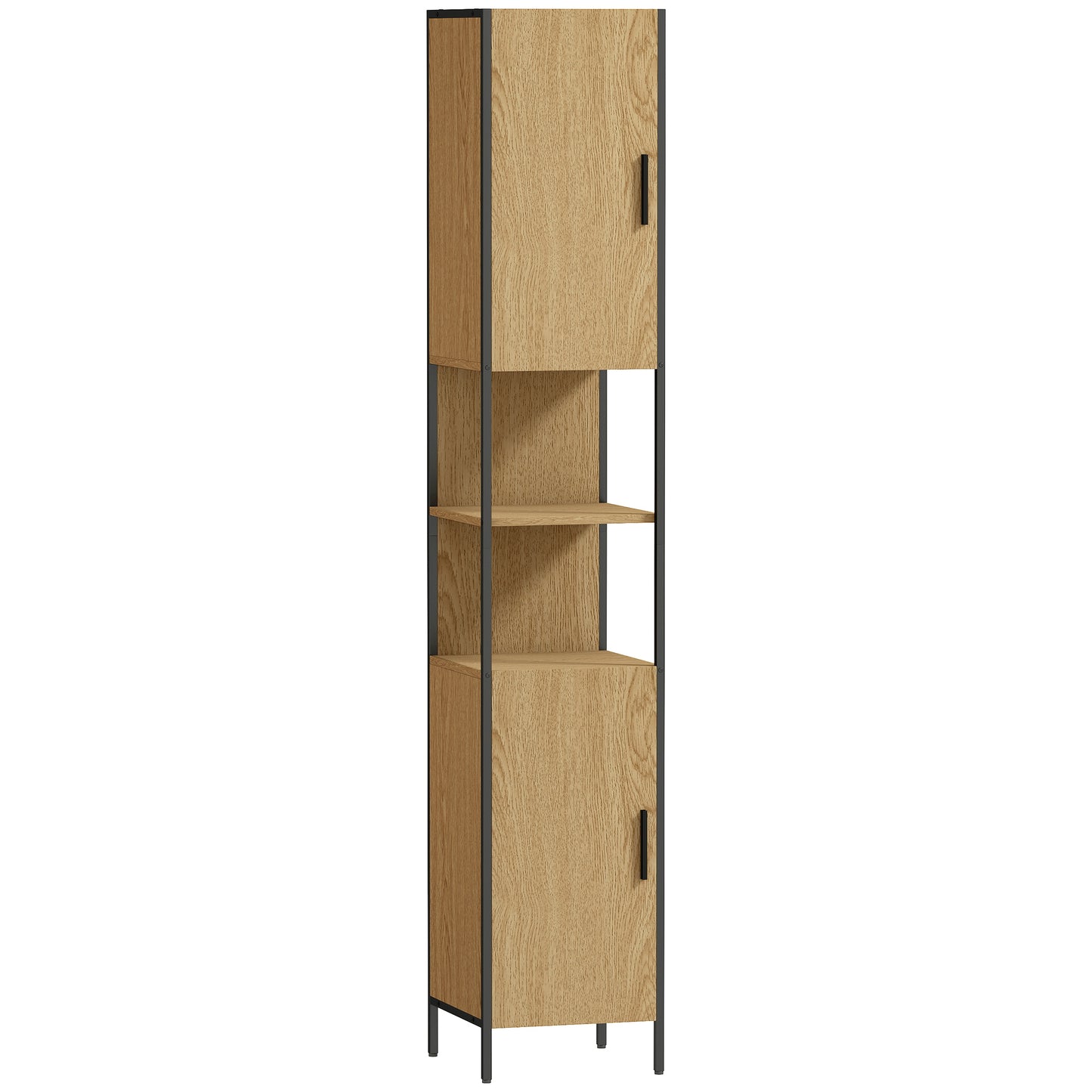Rambette Tall Bathroom Storage Cabinet With Double Doors OFauxn Compartments And Adjustable Shelves Natural Wood Finish