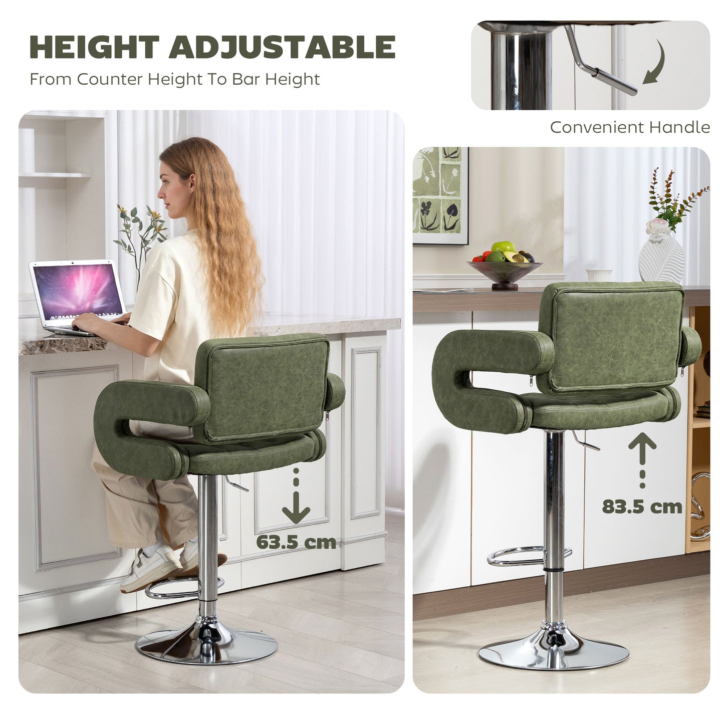 Dovetti Green Faux Leather H8 Adjustable Swivel Bar Stool With Arm Support