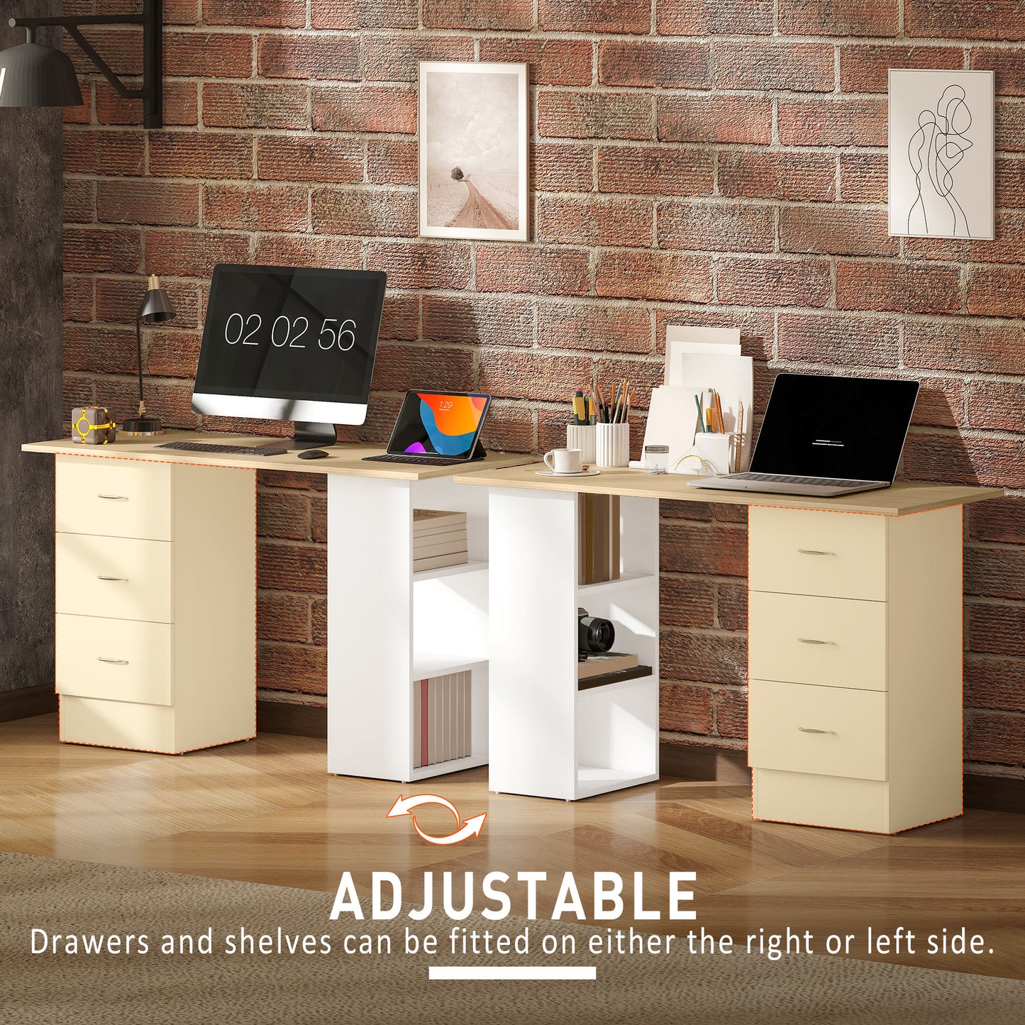 Vasave 120cm Wooden Natural And White Study Desk With 3 Side Shelves And 3 Drawers