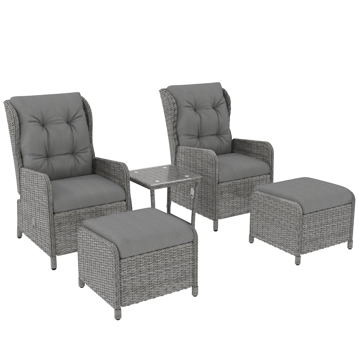 Kenolo Rattan Light Grey 5 Piece Reclining Bistro Furniture Set with Tufted Cushions Glass Top Table and Footstools