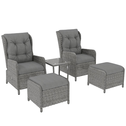 Kenolo Rattan Light Grey 5 Piece Reclining Bistro Furniture Set with Tufted Cushions Glass Top Table and Footstools