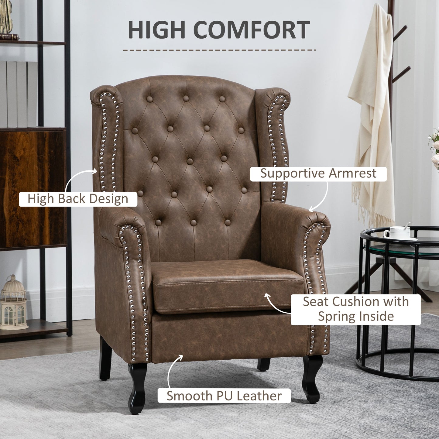 Selato Fabric Brown Wingback Accent Chair With Chesterfield Style Tufting And Nailhead Trim