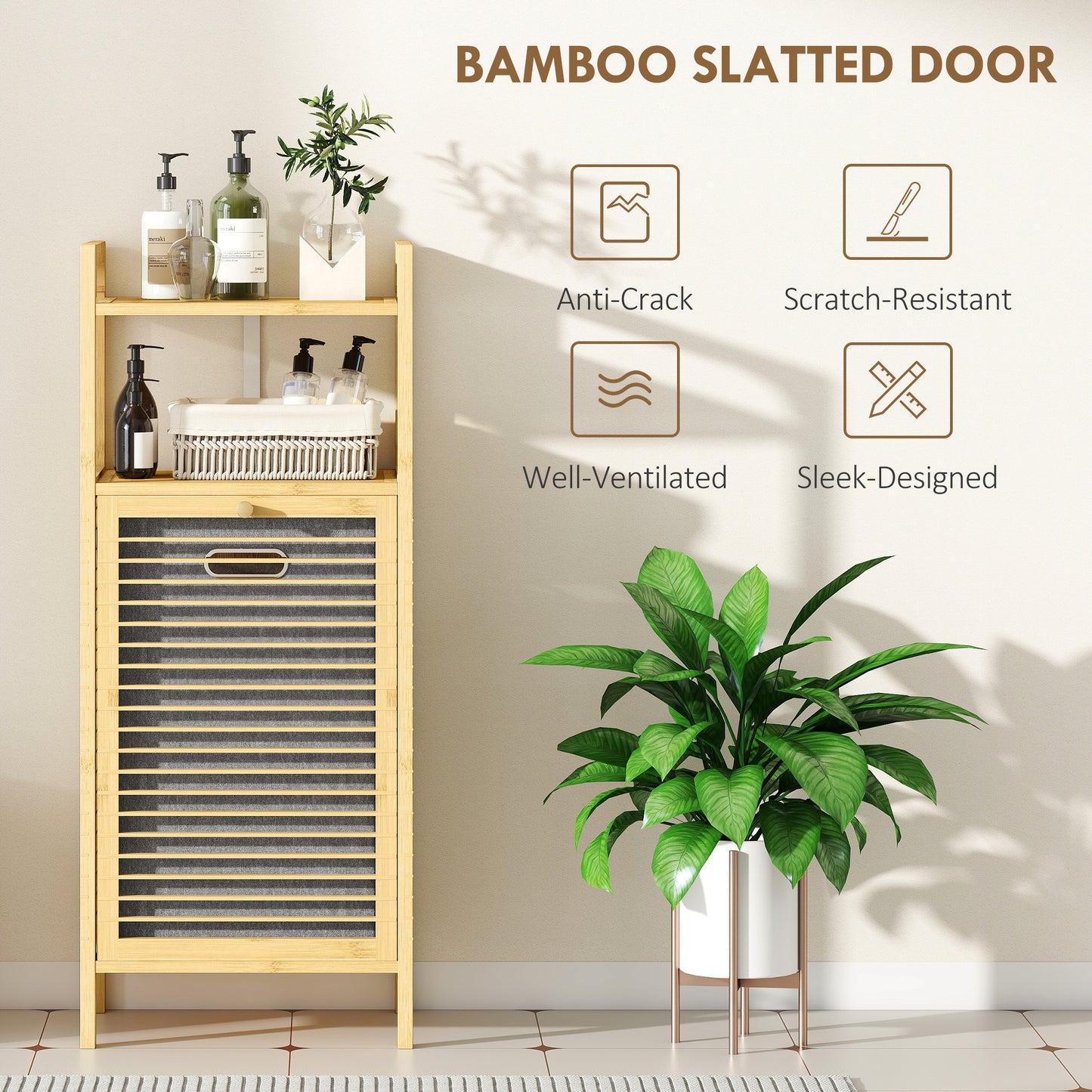 Lopadi Bamboo Laundry Storage Cabinet With Slatted Door And Tilt Out Hamper Natural Wood Finish