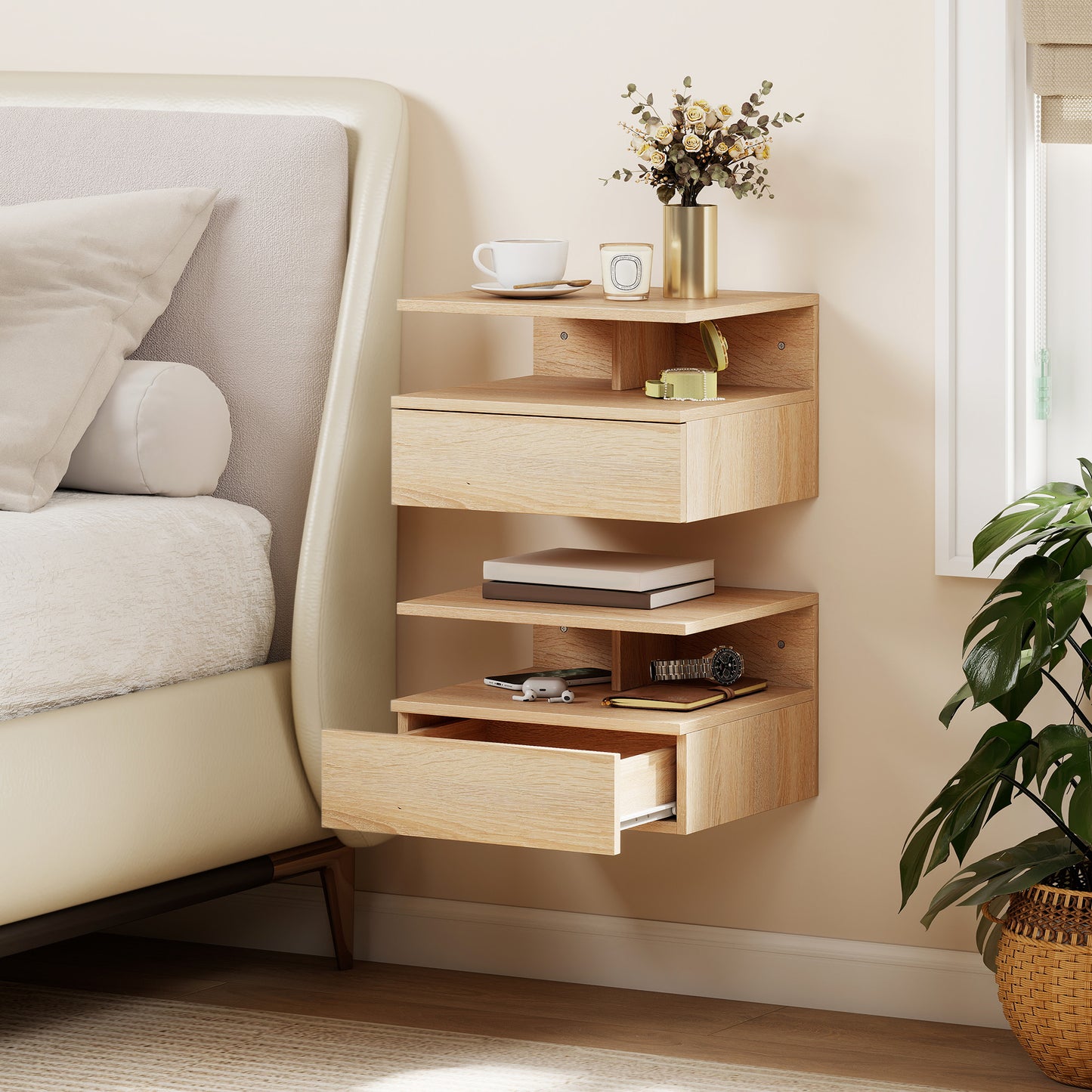 Vesopa Set Of 2 Natural Wood Floating Bedside Tables Wall Mounted
