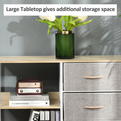 Pasaha White Metal and Natural Wood Storage Chest With 3  Grey Fabric Drawers and 2 Shelvess