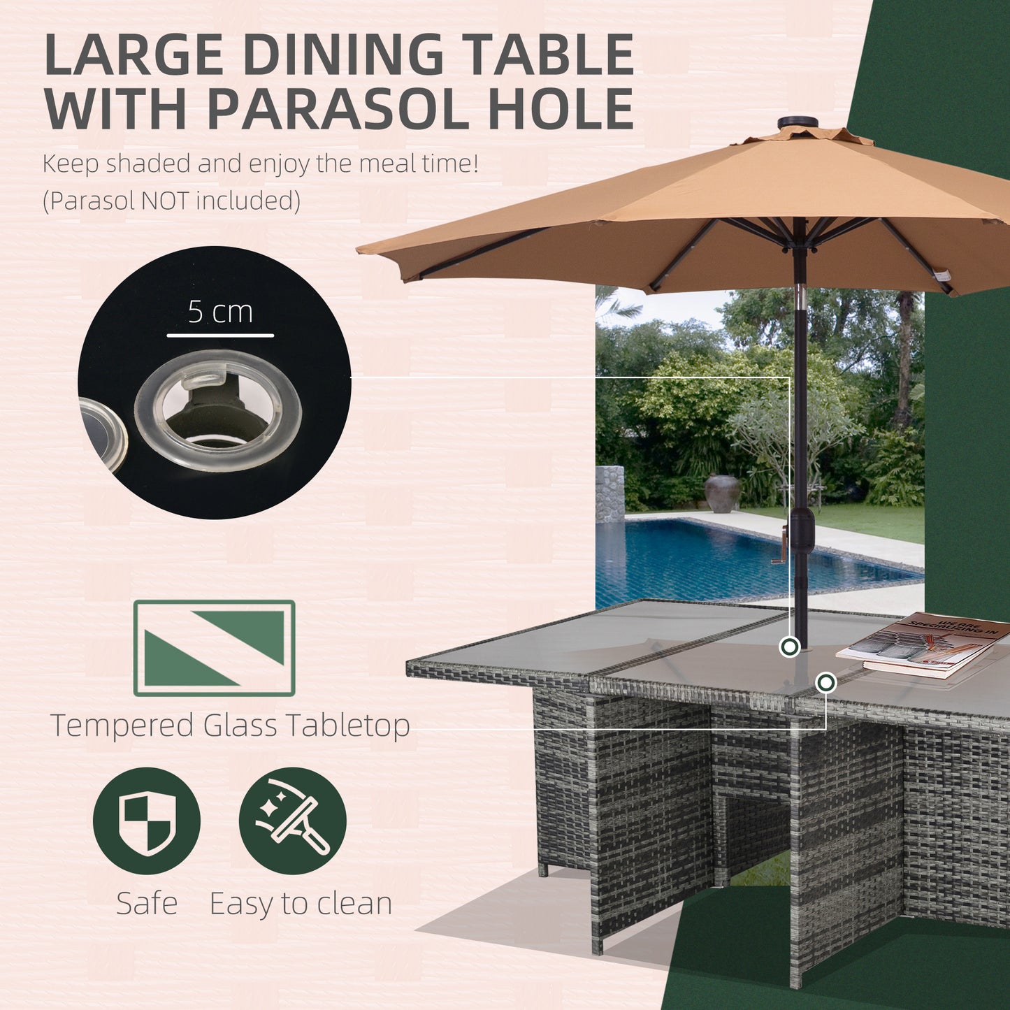 Tasuke Rattan Grey 10 Seater Cube Garden Dining Set With Cushions And Rectangular Glass Table