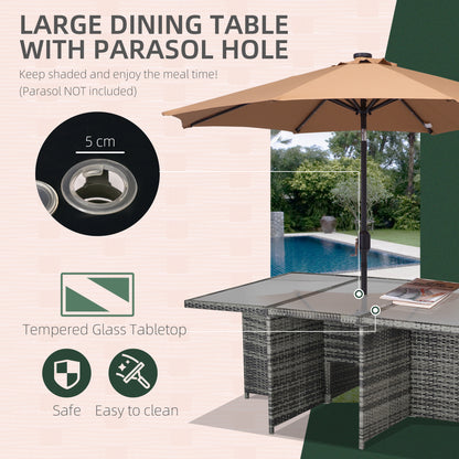 Tasuke Rattan Grey 10 Seater Cube Garden Dining Set With Cushions And Rectangular Glass Table