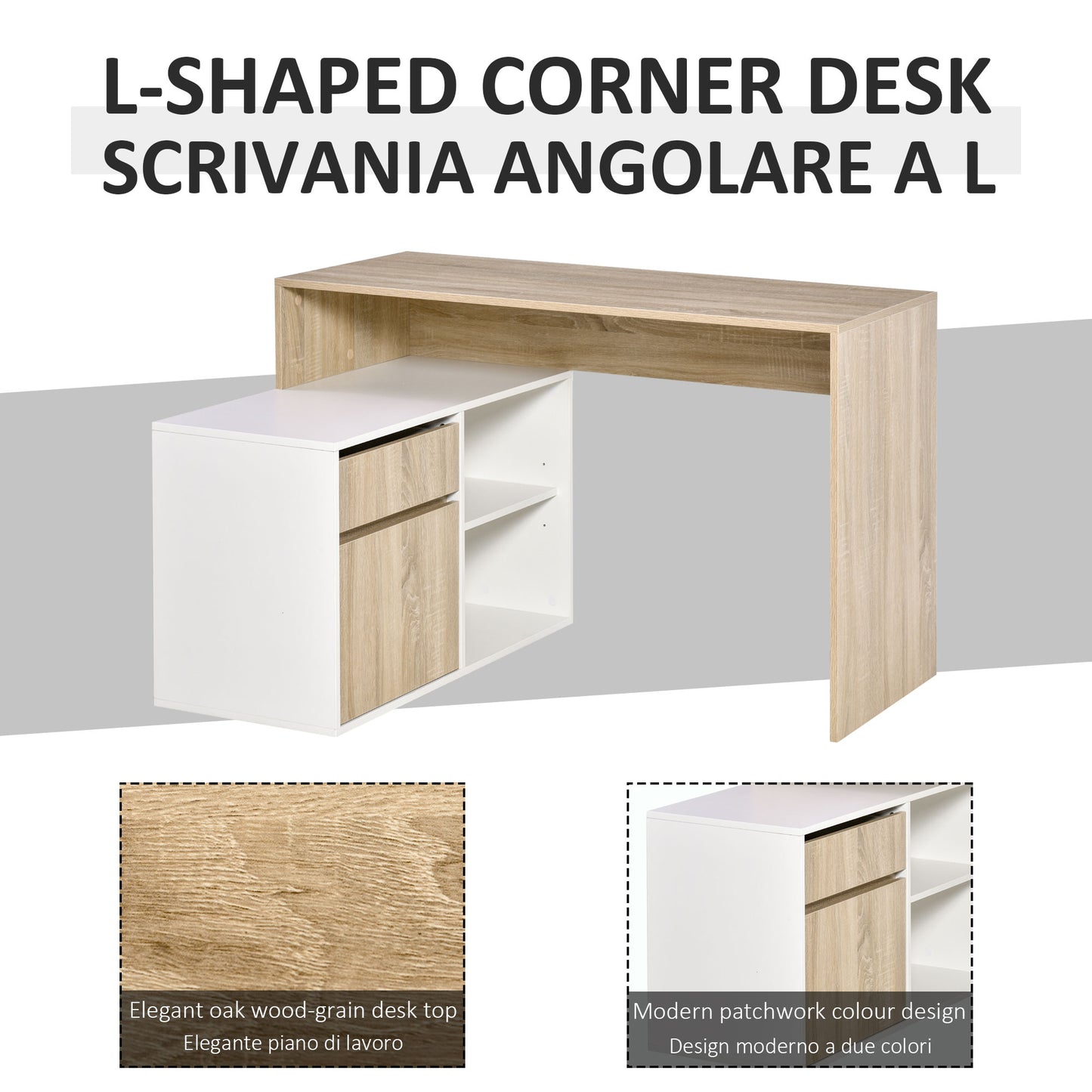 Kavi 120cm Wooden Oak And White L Shaped Desk With Drawer Shelving And Storage Cabinetm