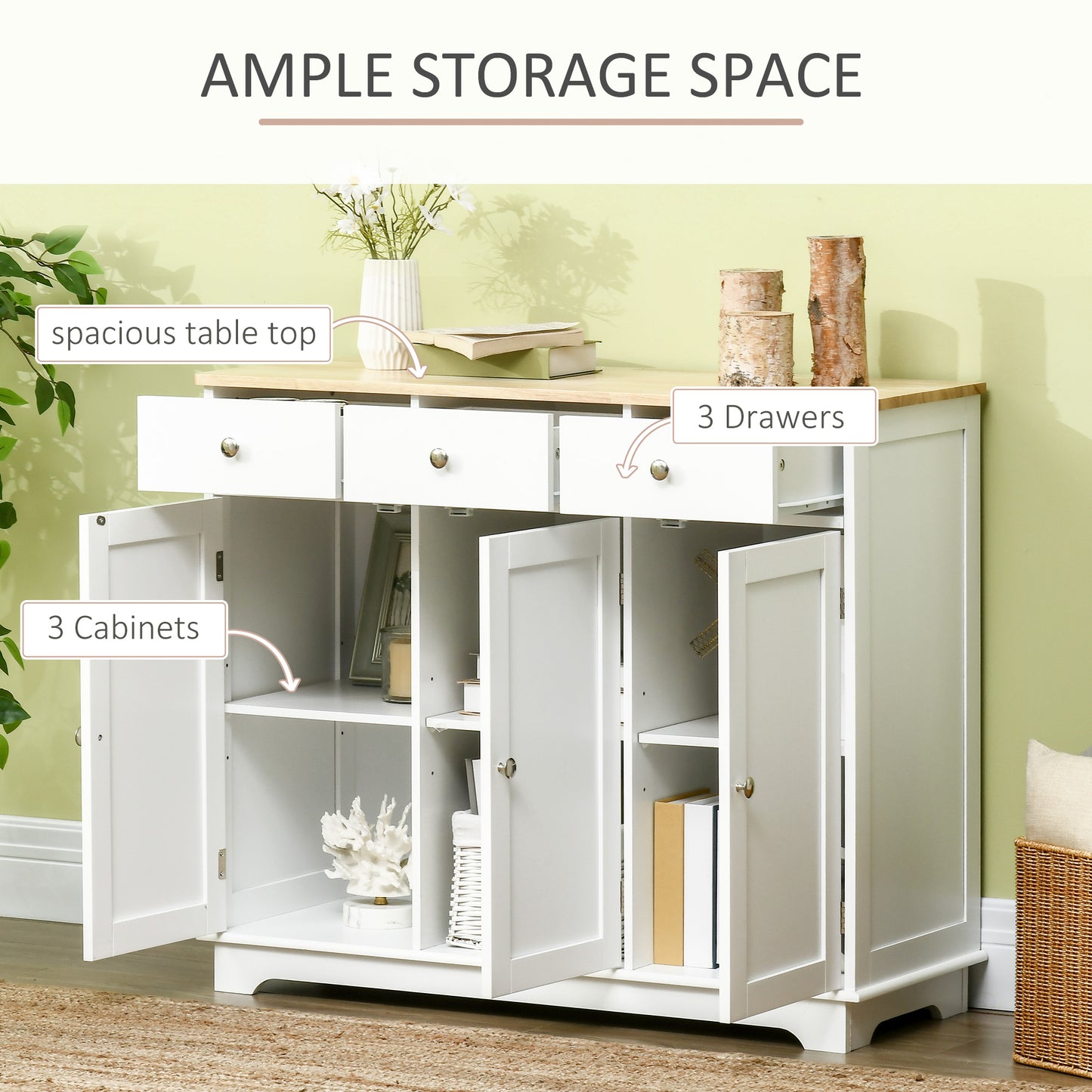 Totoro White Sideboard With Natural Top 3 Doors 3 Drawers 3 Shelves