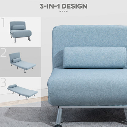 Varael Linen Sky Blue 3 In One Convertible Chair Bed With Adjustable Backrest And Pillow