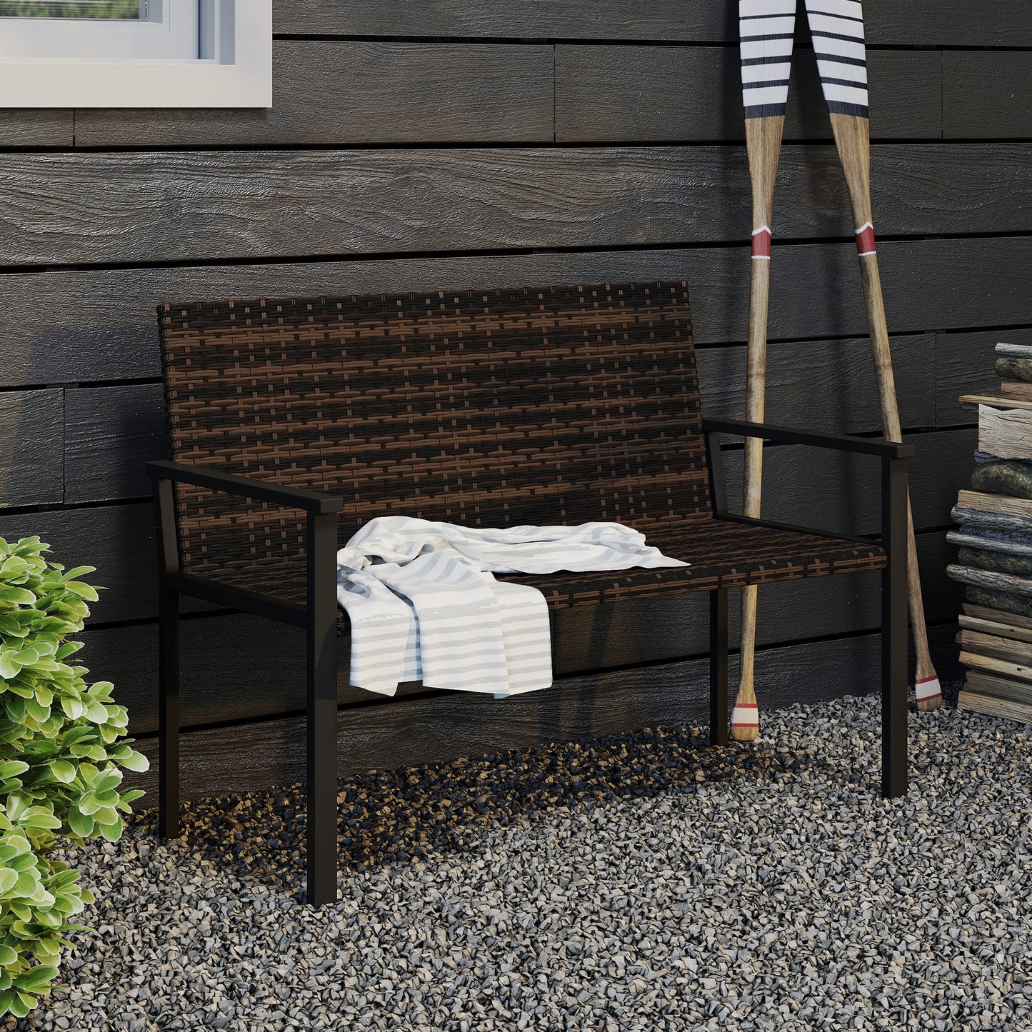 Batare Rattan Brown 2 Seater Garden Bench With Armrests