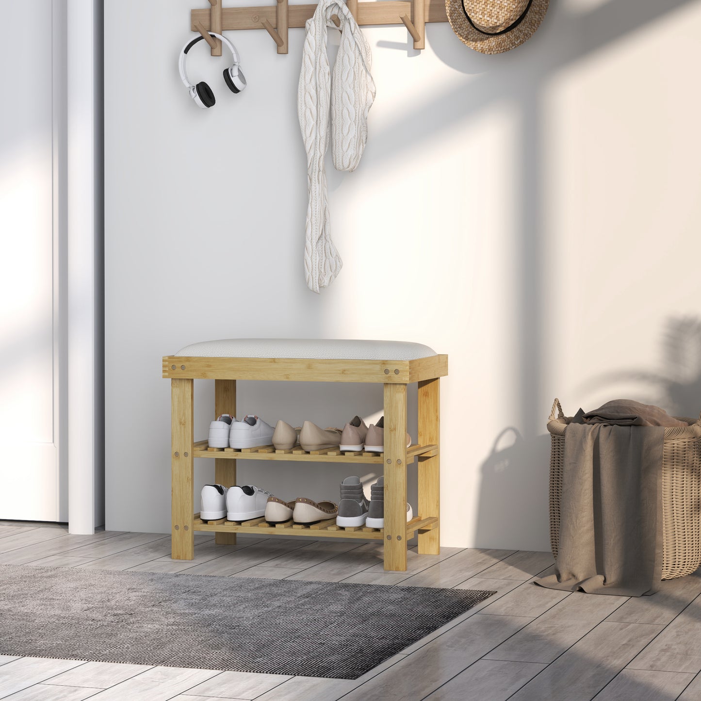 Fisuso 60cm Bamboo Cream White 3 Tier Shoe Bench With Cushioned Seat