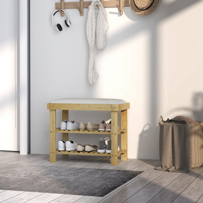 Fisuso 60cm Bamboo Cream White 3 Tier Shoe Bench With Cushioned Seat
