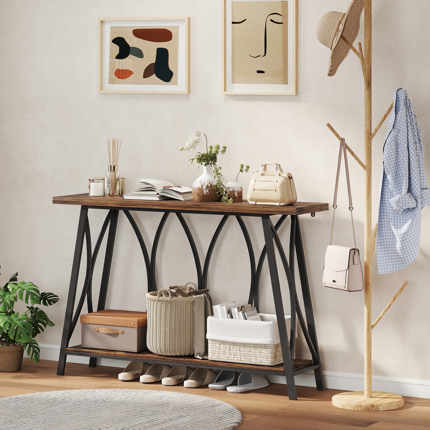Raneve Metal And Wooden Rustic Brown 2 Tier Industrial Console Table 120 x 30 x 80 cm