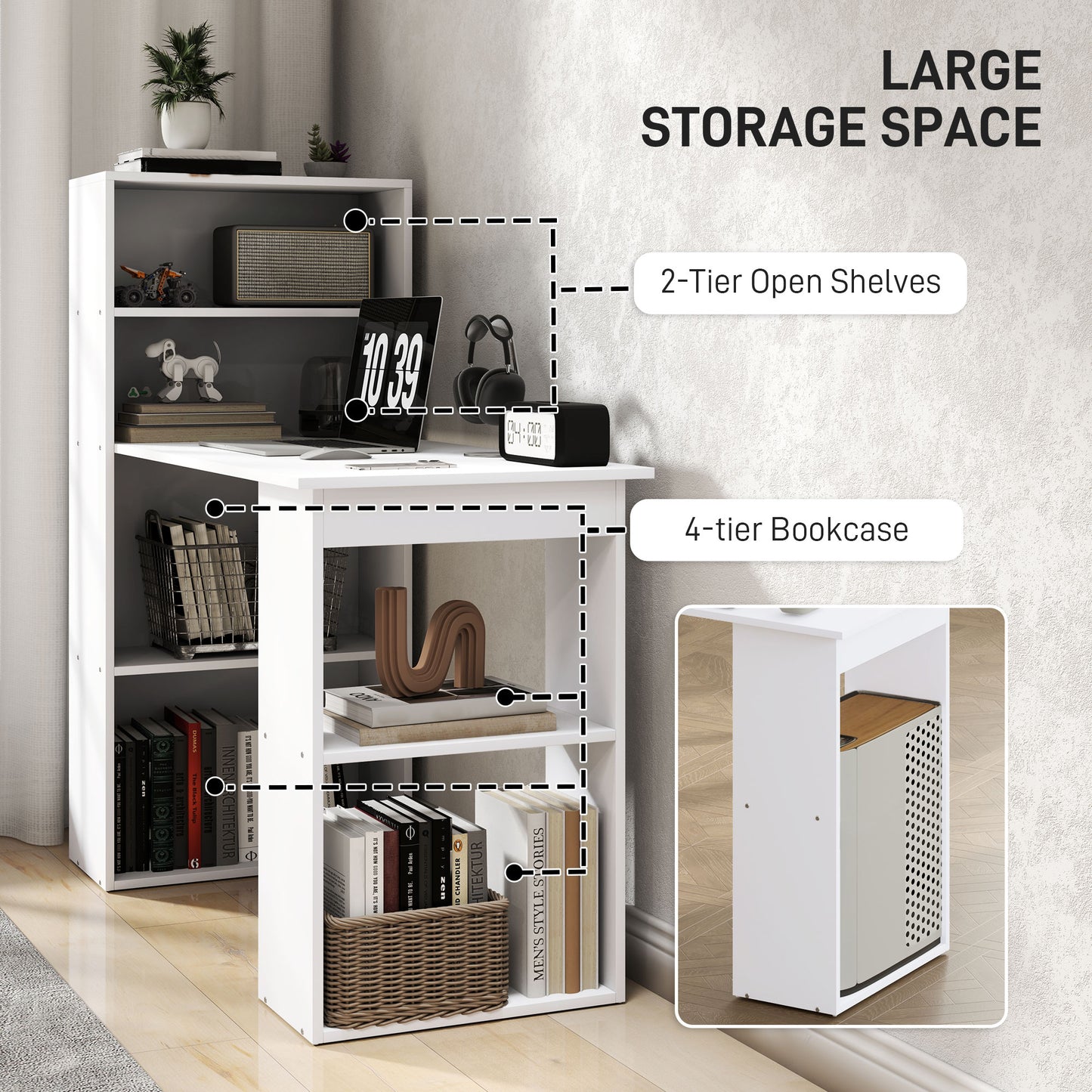 Zire 120cm Wooden White Study Desk With 6 Tier Bookshelf Storage