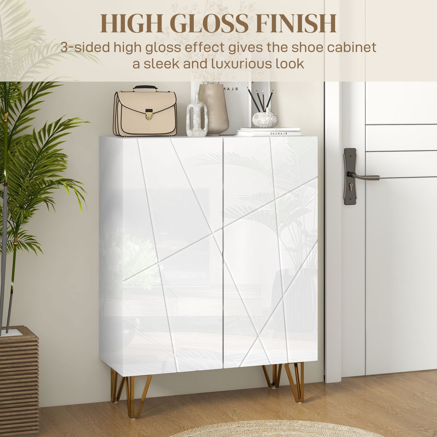 Monola Wooden White Slim Shoe Cabinet Modern Geometric Pattern For 15 To 20 Pairs