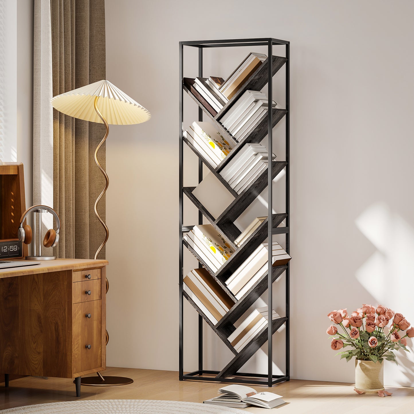 Coco Rine Metal And Wood Black And Grey 10 Tier Industrial Style Bookcase