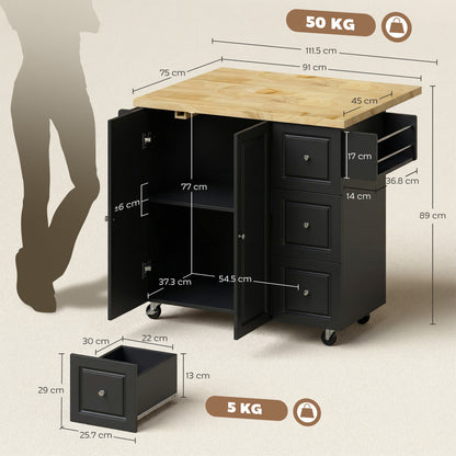 Rolelo Wooden Black Rolling Kitchen Island With Drop Leaf Drawer Towel And Spice Racks