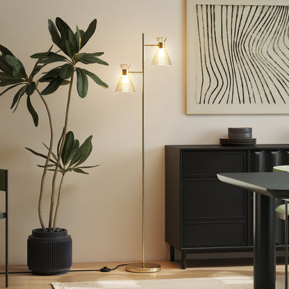 Luno Metal Gold Tone Dual Head Floor Lamp With Ribbed Glass Shades And Foot Switch