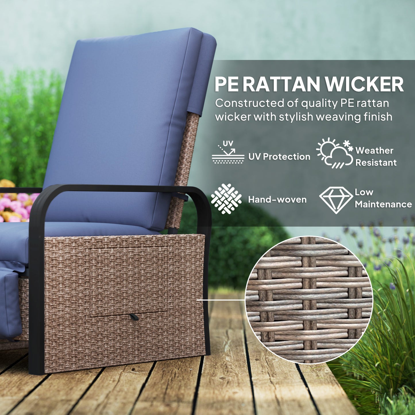 Elva Brown Rattan And Blue Cushion Reclining Outdoor Armchair