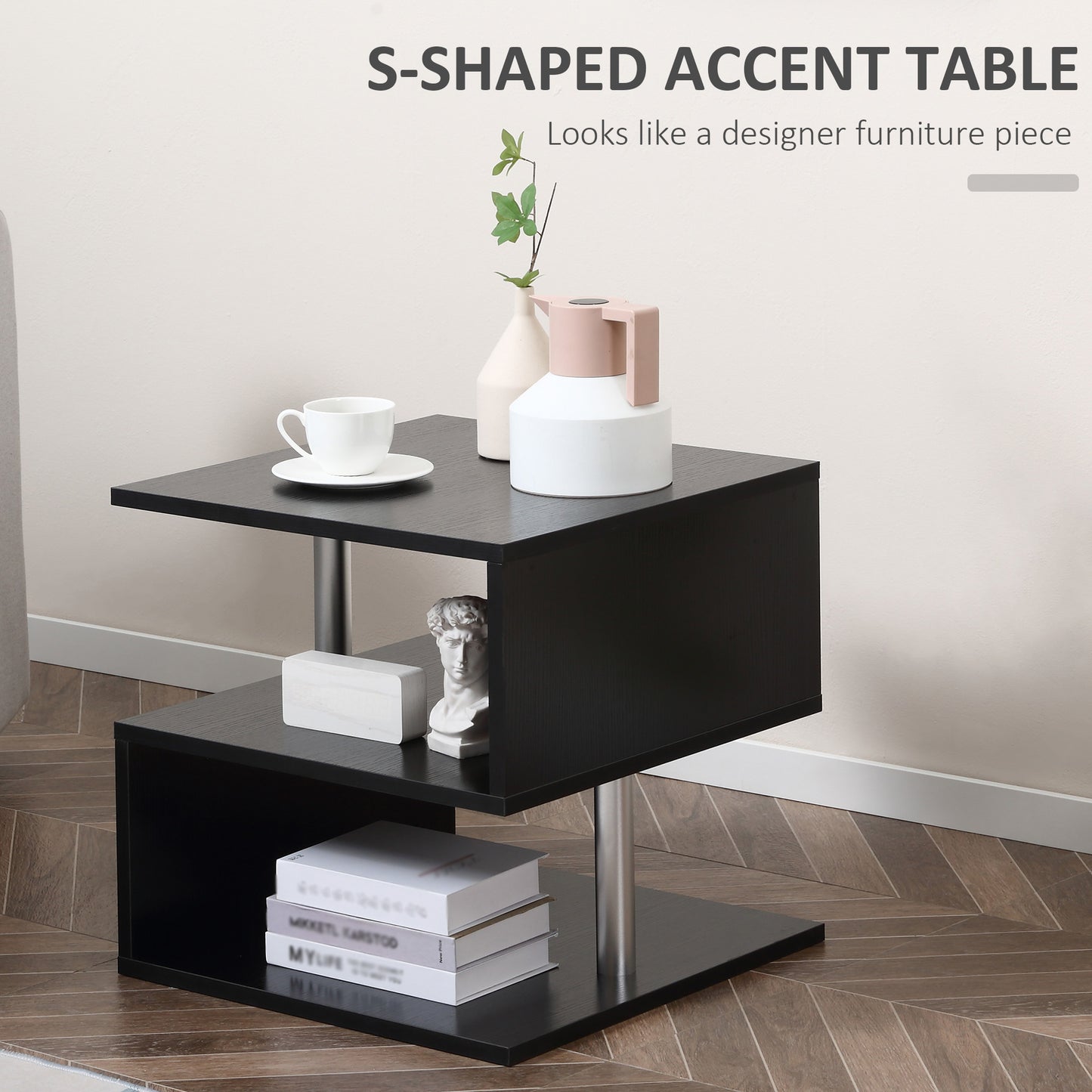Tova Kene Wooden Black Set Of 2 Side Coffee Tables 2 Tier Storage S Shaped