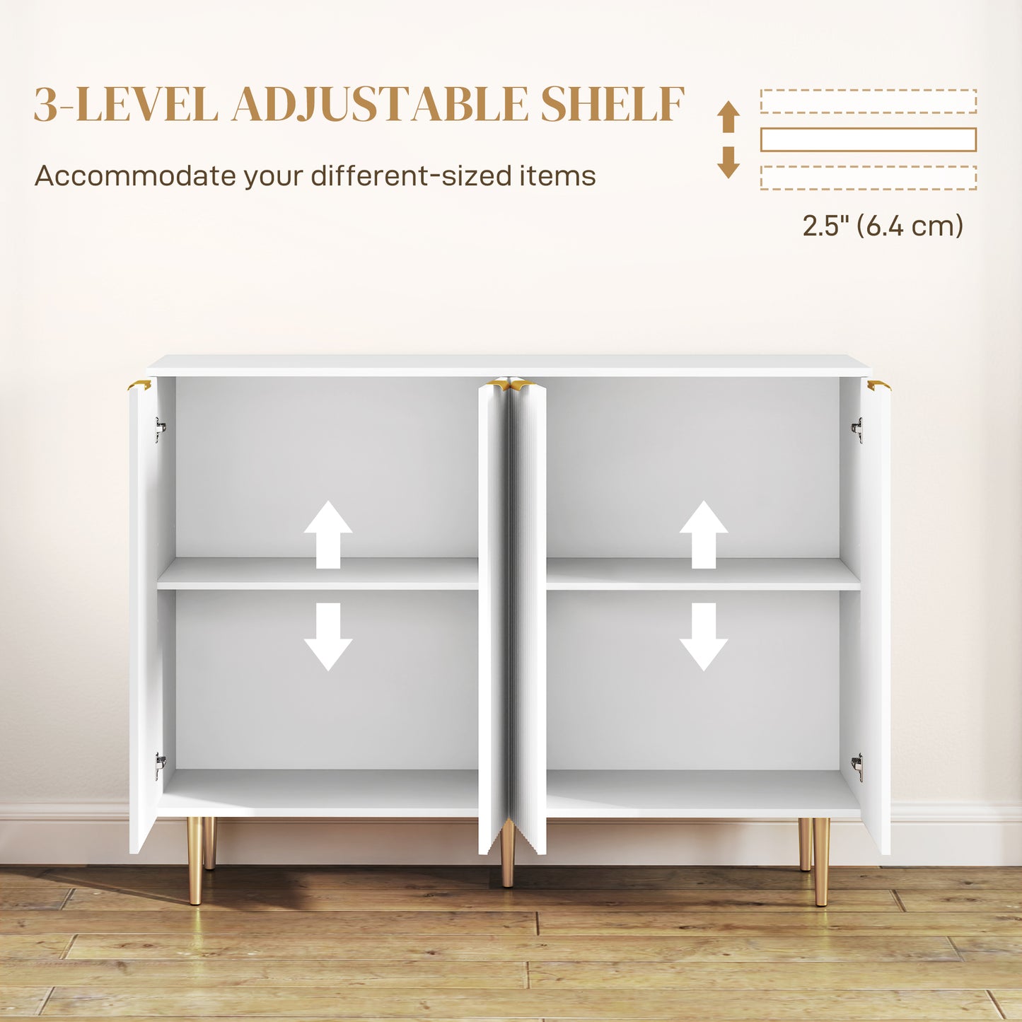 Vinotti Wooden White 4 Door Sideboard 4 Doors 2 Shelves