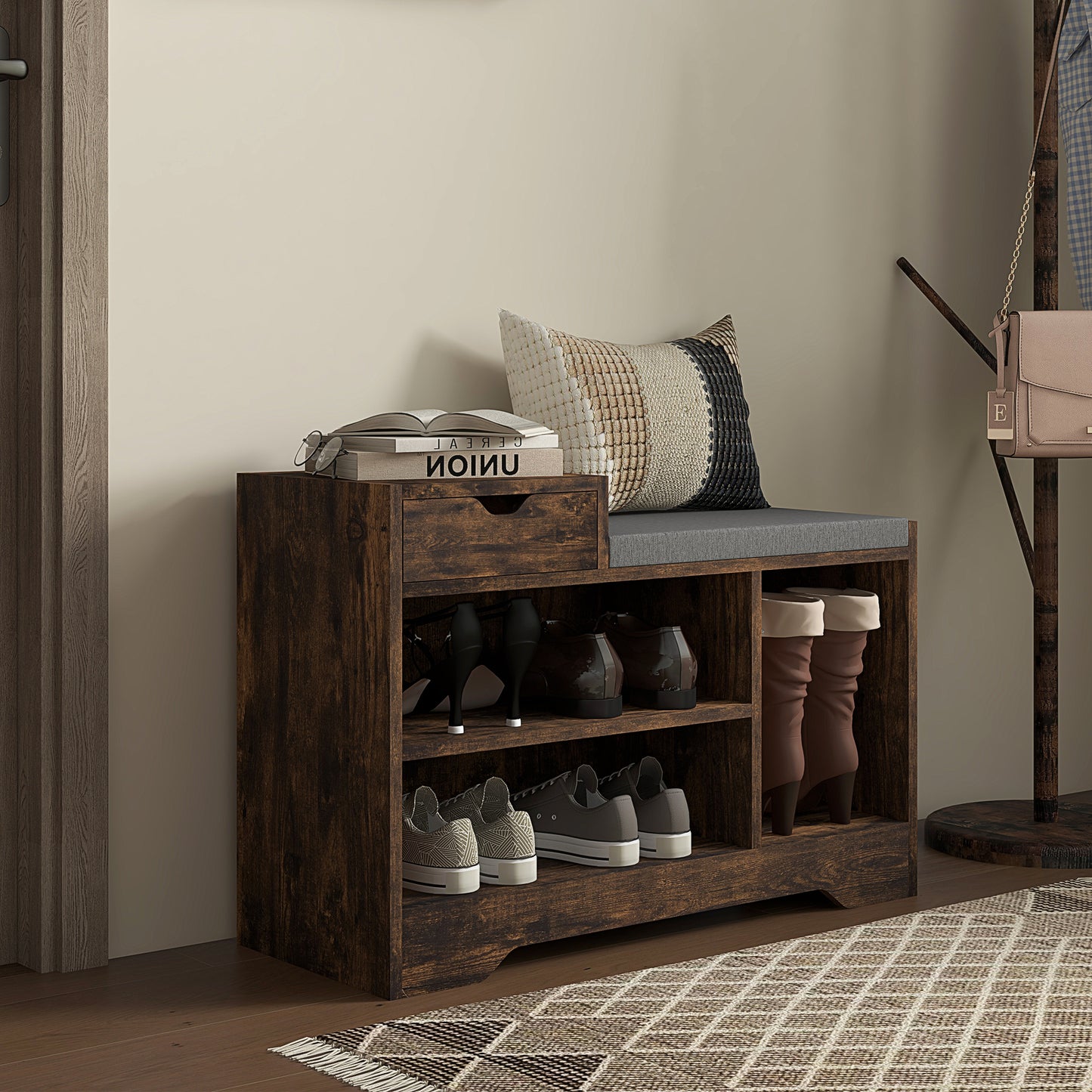 Nata Wooden Rustic Brown Multi Compartment Shoe Bench With Grey Cushioned Seat
