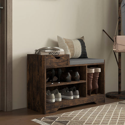 Nata Wooden Rustic Brown Multi Compartment Shoe Bench With Grey Cushioned Seat
