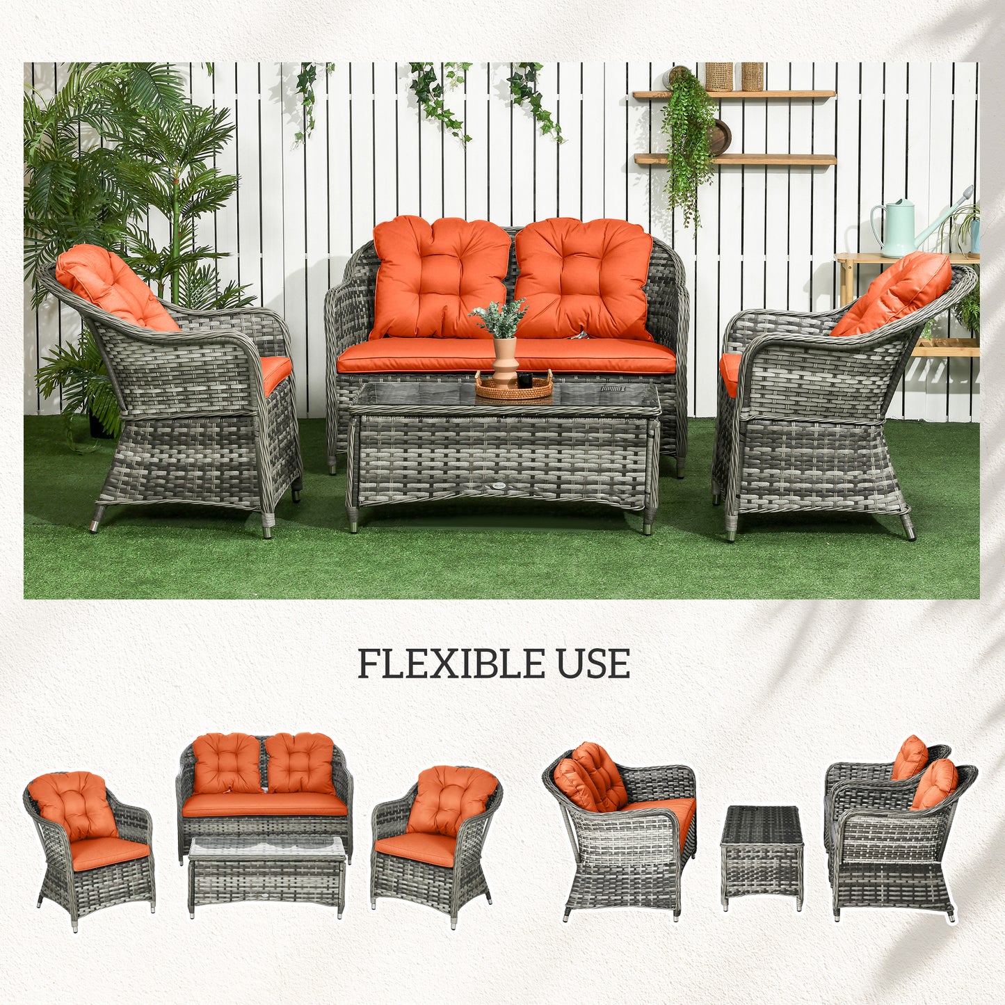 Yoro Grey Rattan Orange 4 Seater Outdoor Sofa Set With Glass Coffee Table
